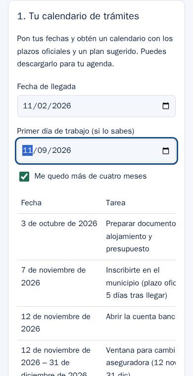 Captura de la demostración, con cifras inventadas para la imagen: Pack de Llegada
